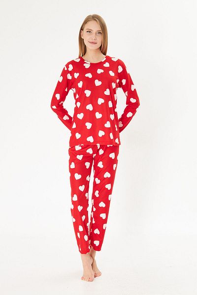 Pajama Shop Women's Cotton Suede Red Heart Pattern Long Sleeve Crew Neck Winter Pajamas Set