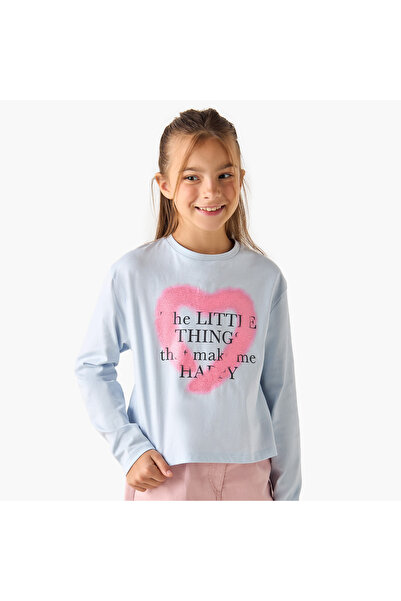 Juniors Heart Print Crew Neck T-shirt with Long Sleeves