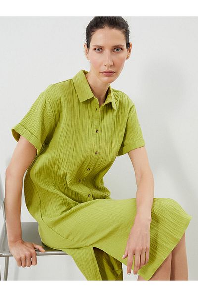 LC Waikiki Green Textured Oversize Muslin Shirt Dress
