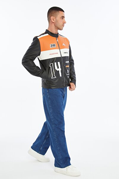 CHOS7N Чоловіча oversize шкіряна куртка з принтом і смужками, комір-стійка, куртка-бомбер, куртка для мотоциклістів, куртка для гонщиків