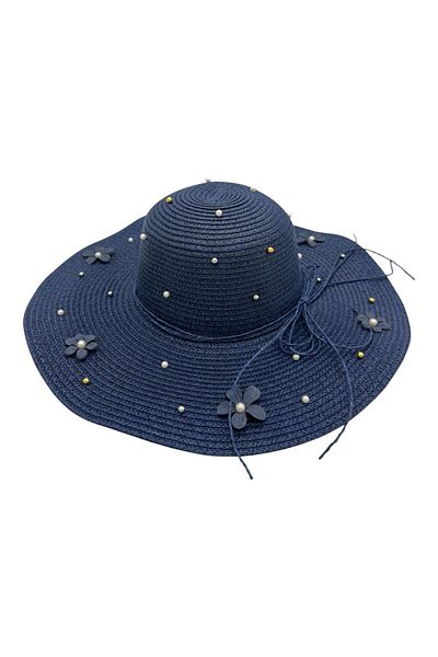 BaoBao Women's summer hat with wide brim, applied flowers and decorative pearls - romantic model