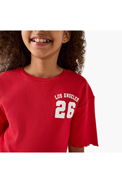 Juniors Varsity Print Crew Neck T-shirt with Lettuce Hem