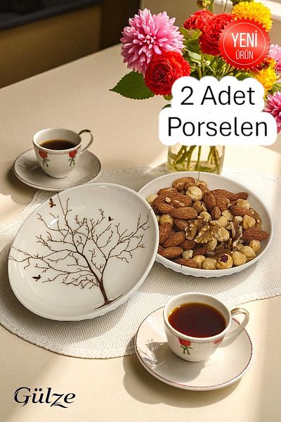 GÜLZE HOME 2 Pieces Porcelain Snack Bowl-Presentation Bowl-Turkish Delight Bowl-Breakfast Bowl-Treats with Tree of Life Motif (13 cm Diameter)