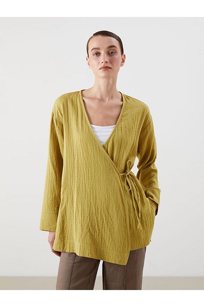 LC Waikiki Khaki Double Breasted Collar Textured Slit Women's Kimono