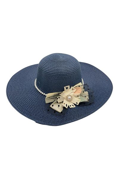 BaoBao Women's summer hat with wide brim, decorative bow and pearls - elegant and refined style