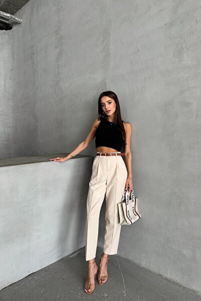 MAT Collection Kadın Bej Yüksek Bel Kemerli Pantolon