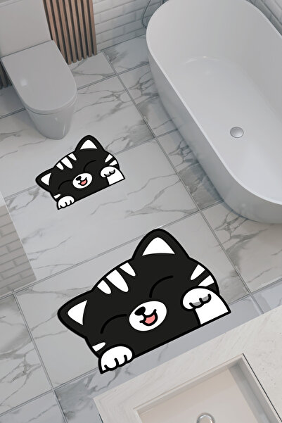 THEMODERNHANE سجادة حمام صديقة للبيئة منقوشة على شكل قطة، قاعدة مضادة للانزلا...