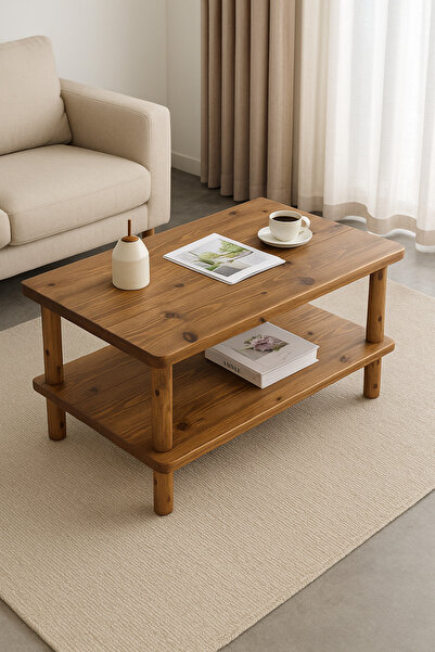 Trihome “Doğal Ahşap Masif Çam Sehpa – 2 Katlı, Noce Renk, Budaklı Rustik Tas...