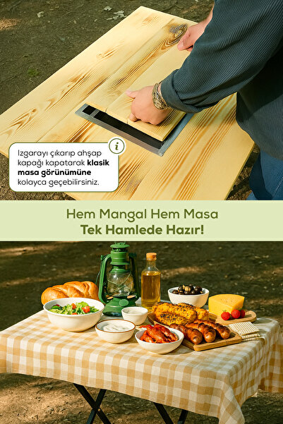 Vienev Katlanabilir Kamp Masası Ahşap Mangal Izgarası | 6'lı Kamp & Piknik Poşeti Seti