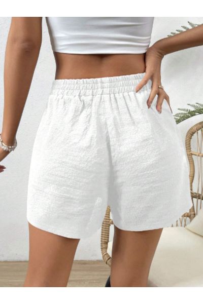 HEREN BUTİK High Waist Comfortable Fit Shorts for Women with Color Options – White Linen Blend Elastic Home Beach Shorts