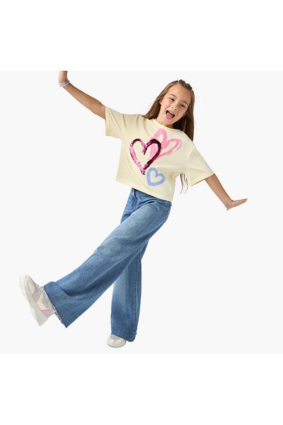 Juniors تي شيرت مربع مزخرف بأكمام قصيرة