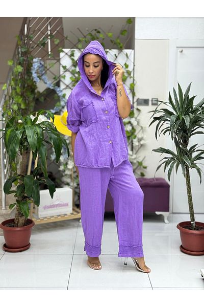 Punta Otantik Pt2256 Italian Hooded Linen Suit with Front Pocket Purple
