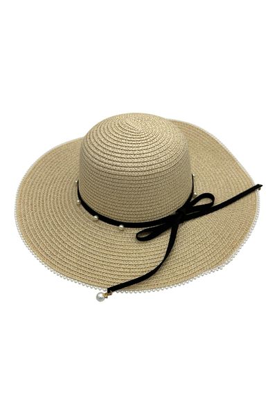 BaoBao Elegant women's summer hat with wide brim, black bow and pearls - refined accessory