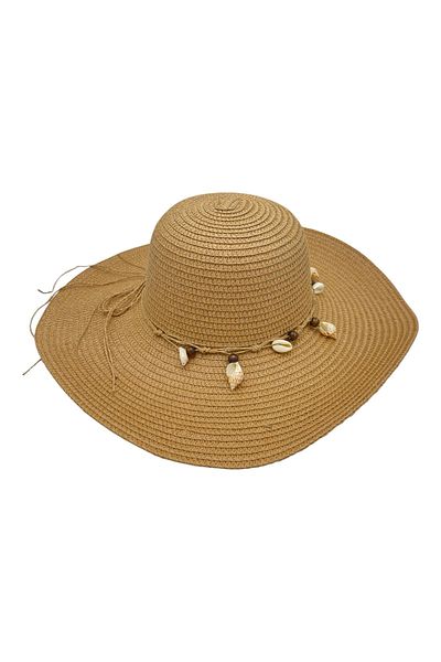 BaoBao Women's beach hat with shells - elegant summer accessory with decorative band, 100% polyester