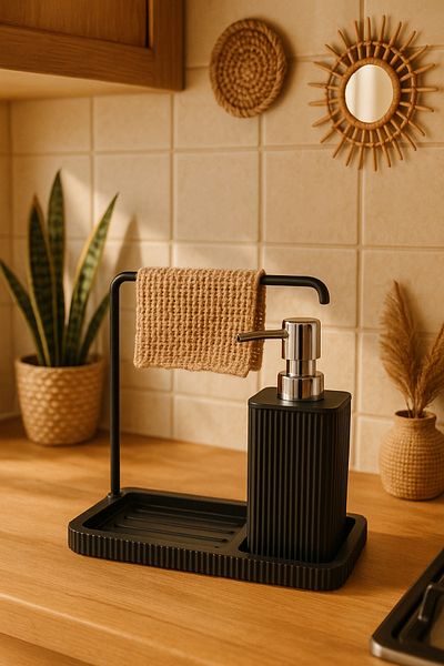 Kitchen Life Set de 3 în 1 pentru distribuitor de săpun cu umeraș Organizator pentru blat de bucătărie Suport pentru burete pentru chiuvetă laterală cu recipient