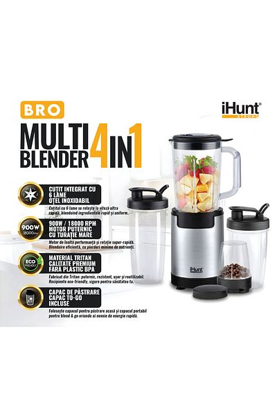iHunt Set blender multifuncțional iHunt Bro 4 în 1, putere 900W, 18000rpm, 1L, 6 lame din oțel inoxidabil