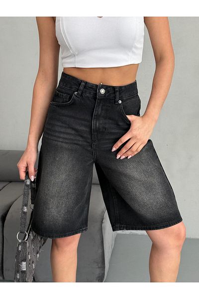 Zeo Basic Women's Midi Black Jeans Bermuda Shorts