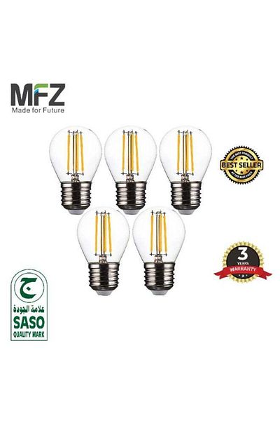 MFZ LED Bulbs 4W, E27 Round Base, 2700K Warm White, AC220–240V Filament Style – Pack of 5 Pieces
