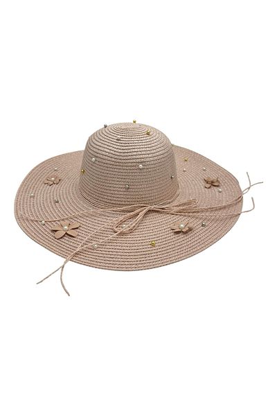 BaoBao Women's summer hat with wide brim, applied flowers and decorative pearls - romantic model