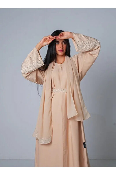 Jameela Cream Pearl Embellishment Open Abaya 3 pieces Set