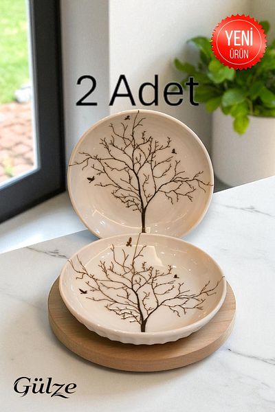 GÜLZE HOME 2 Pieces Porcelain Snack Bowl-Presentation Bowl-Turkish Delight Bowl-Breakfast Bowl-Treats with Tree of Life Motif (13 cm Diameter)
