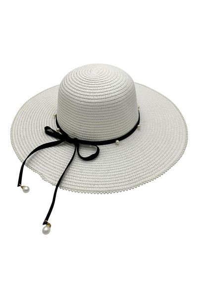 BaoBao Elegant women's summer hat with wide brim, black bow and pearls - refined accessory