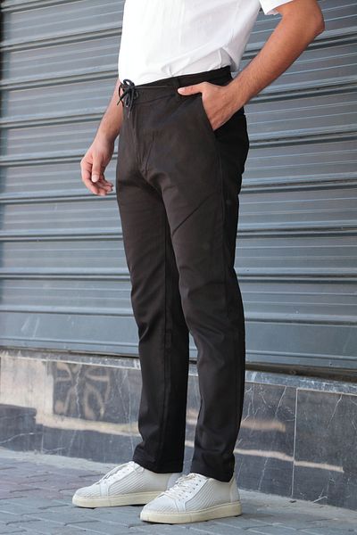Osyday Men's Black Summer Thin Fabric Slim Fit Trousers with Elastic Waist, Laces and Buttons, Zipper, Yancepli