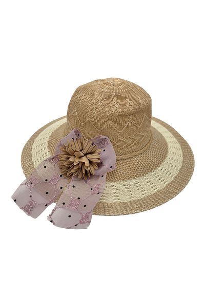 BaoBao Women's summer hat with small brim, decorative bow and textile flower – elegant style, 100% polyester