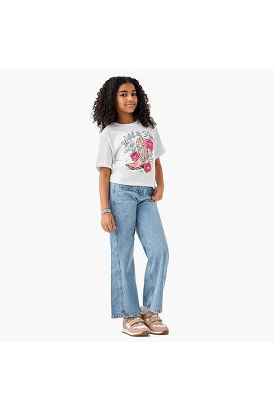 Juniors Graphic Print Crew Neck T-shirt with Short Sleeves