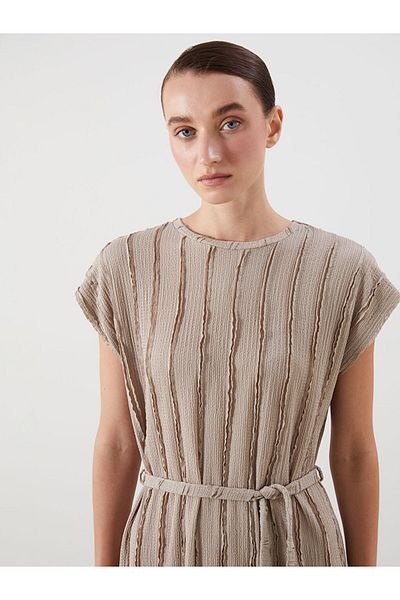 LC Waikiki Beige Crew Neck Textured Dress