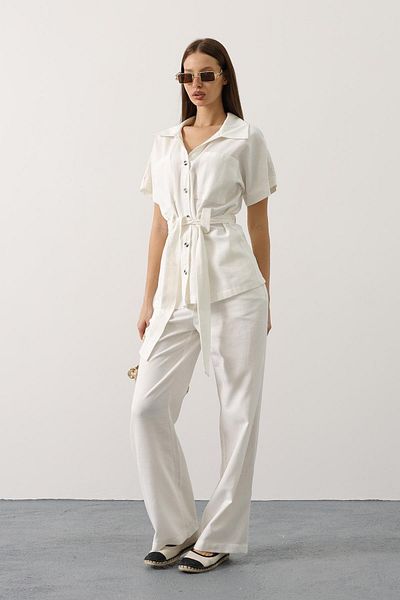 Le Savu Shilsee Women's Belted Pocket Detailled Tunic Pants Suit White
