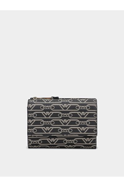 Emporio Armani Women's Cash and Card Compartment Patterned Inner Section with Logo Leather Black Wallet Ew000368 Af11951-Fc033