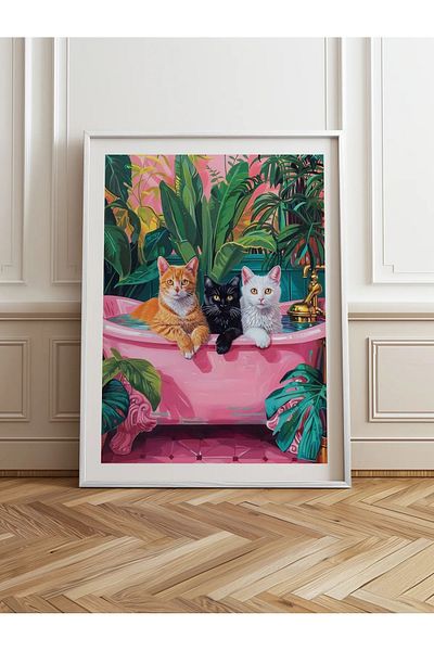 hediyenebak Single Wooden Framed Painting Cat Family One Piece Poster Painting