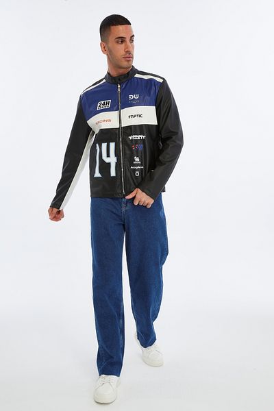 CHOS7N Ανδρικό δερμάτινο μπουφάν με ριγέ στάμπα Oversize Δεσμός γιακάς Bomber Biker Coat Racer Jacket