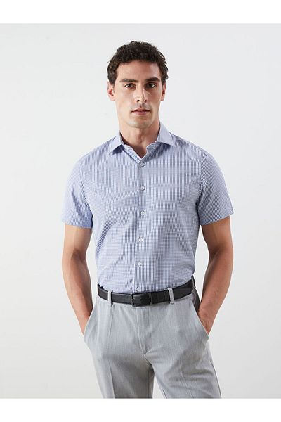 LC Waikiki Formal Gray Regular Fit Short Sleeve Plaid Poplin Men's Shirt