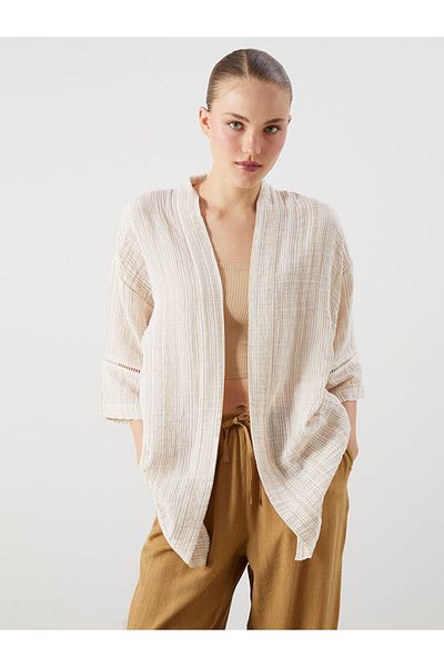 LC Waikiki Beige Shawl Collar Textured Oversize Muslin Women's Kimono