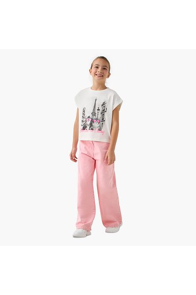 Juniors Graphic Print Crew Neck T-shirt with Extended Sleeves