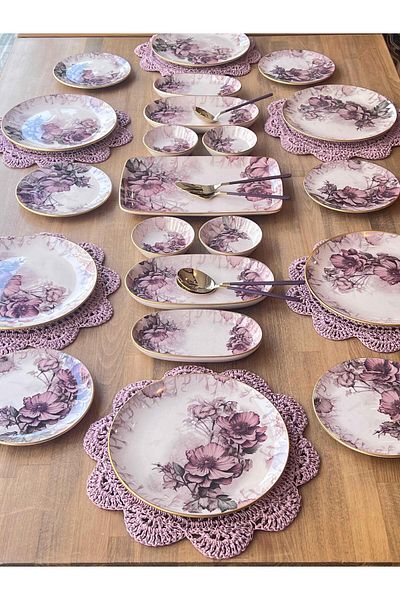 ROSSEV Breakfast Set Purple Rose 32 Pieces for 6 People