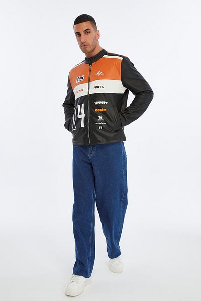 CHOS7N Men's Oversize Striped Printed Leather Jacket Judge Collar Bomber Biker Coat Racer Jacket