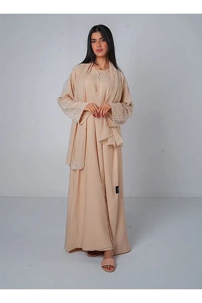 Jameela Cream Pearl Embellishment Open Abaya 3 pieces Set