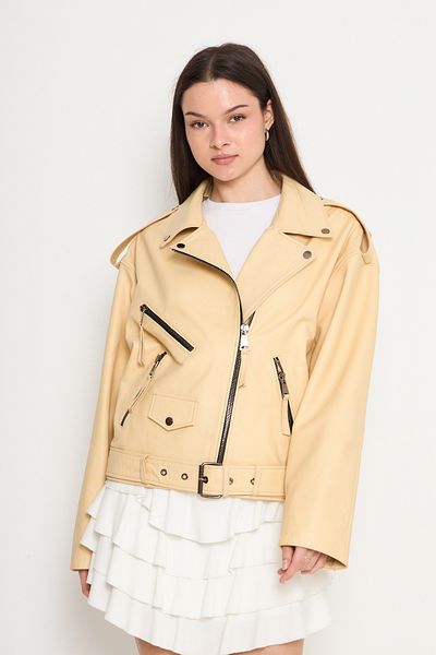 By Marki Marki Women's Genuine Jumbo Leather Jacket – Biker Style, Belted, Oversize, Epaulettes, 65 Cm, Beige - 116622X
