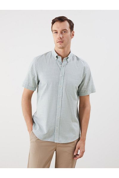 LC Waikiki Green Regular Fit Short Sleeve Striped Linen Blend Men's Shirt
