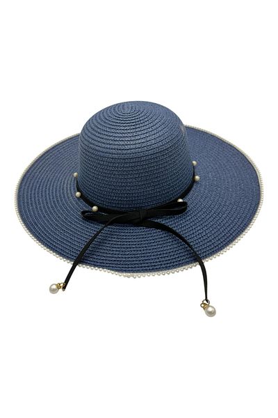 BaoBao Elegant women's summer hat with wide brim, black bow and pearls - refined accessory