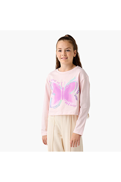 Juniors Butterfly Embellished T-Shirt with Long Sleeves