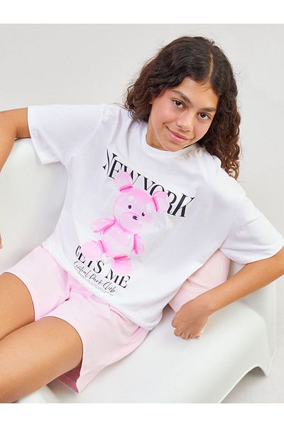 LC Waikiki White Crew Neck New York Printed Girl's T-Shirt