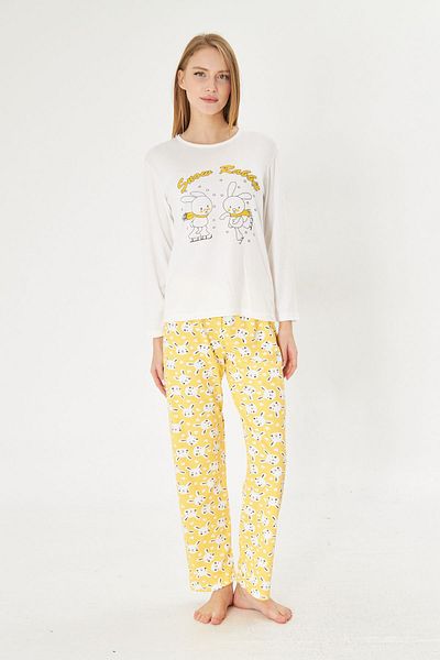 Pajama Shop Women's 100% Cotton Fabric White Yellow Rabbit Pattern Crew Neck Long Sleeve Pajamas Set
