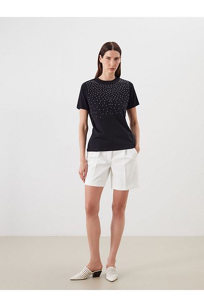 LC Waikiki New Black Crew Neck Stone Women's T-Shirt