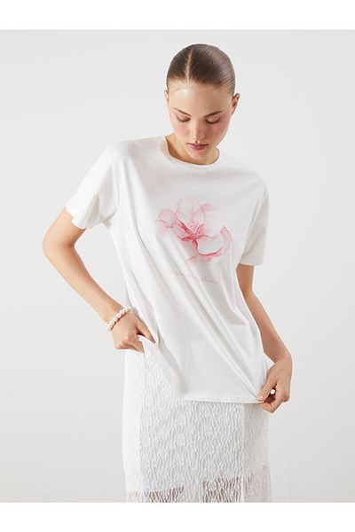 LC Waikiki Ecru Crew Neck Floral Printed Women's T-Shirt
