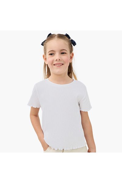 Juniors Ribbed Crew Neck T-shirt with Lettuce Hem