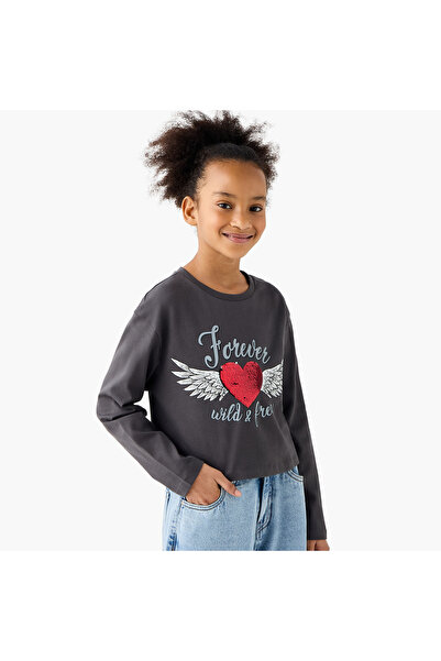 Juniors تي شيرت مزخرف برقبة دائرية وأكمام طويلة